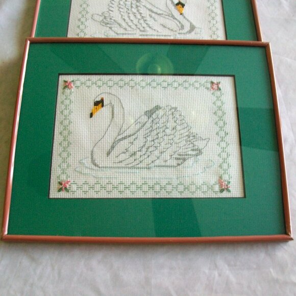 Pair Elegant Regal Swans Cross Stitch Framed Art Wall Decor 8.5" x 10.5" - Picture 5 of 8